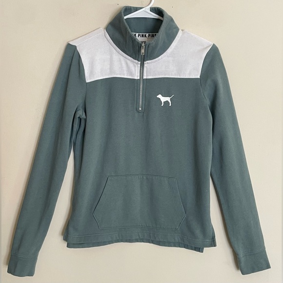 PINK Victoria's Secret Green and White Quarter Zip Sweatshirt - Picture 3 of 5